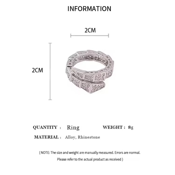 Serpent snake zircon adjustable Silver Crystal Ring - Picture 5 of 9